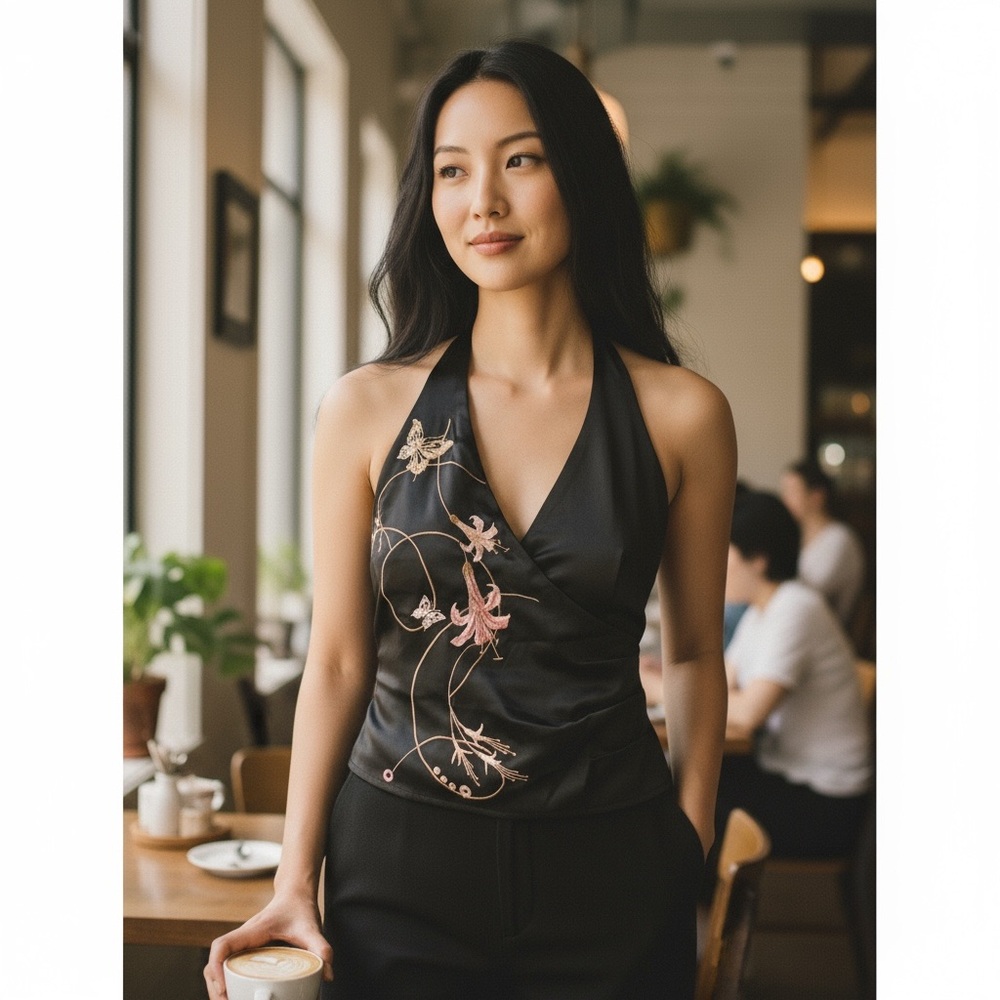 Karen Millen England || Pink Floral Embroidered Black Silk Y2K Halter Top 🖤 🌸
